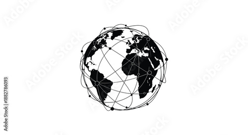 a striking black and white illustration depicting a globe with interconnected lines representing global network and digital communication silhouette high quality