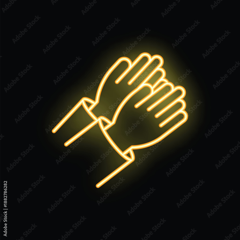 Obraz premium Glowing neon outline icon of hands clapping representing applause isolated on black background