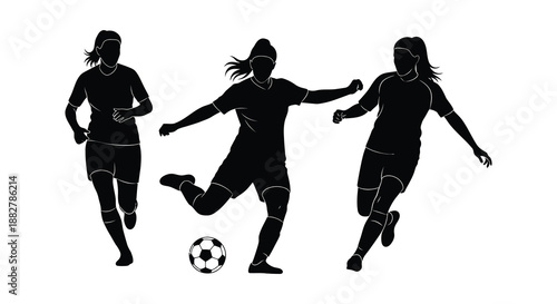a dynamic illustration depicting three female soccer players in motion engaged in a game with a ball showcasing athleticism and teamwork silhouette