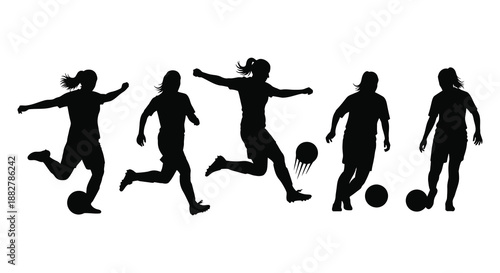 a dynamic illustration depicting female athletes engaged in soccer actions showcasing movement and athleticism presented as a striking silhouette high quality