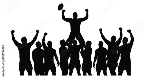 a dynamic illustration depicts a victorious athlete raising a ball above cheering fans showcasing a powerful and celebratory moment silhouette