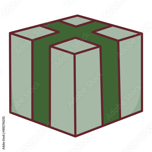 Simple green cube gift box wrapped with darker ribbon present icon