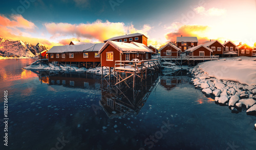 Obraz na plátně Lofoten Islands, Reine, Norway and Hamnoy fishing village with red rorbuer house