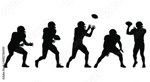 a sequence depicting football players in action showcasing various movements like running catching and throwing presented as a striking silhouette