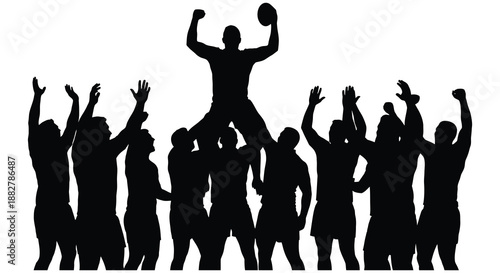 a dynamic illustration shows a team celebrating a victory with a player raising a football high above a cheering crowd silhouette