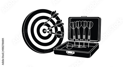 a striking monochrome illustration depicts a dartboard and a dart case showcasing precision and accuracy in a clean graphic style silhouette