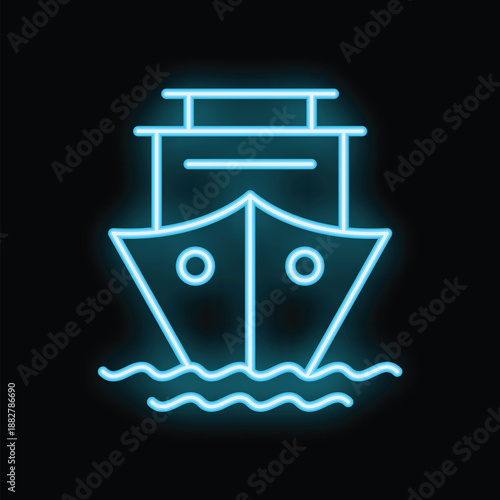 Blue neon sign representing a ship sailing on water, on a black background