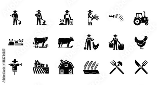 A clean and modern set of 18 black silhouette farmer icons in one frame. Each icon represents different farming activities such as planting, harvesting, livestock, irrigation, and agricultural tools.