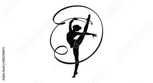 a graceful female gymnast performing a ribbon dance routine captured in a striking black and white silhouette style showcasing poise and artistry