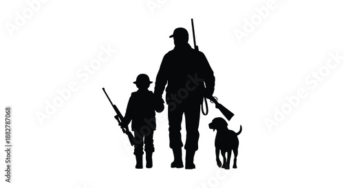 a striking black silhouette depicts a hunter a child and a dog all equipped with rifles standing against a plain white background