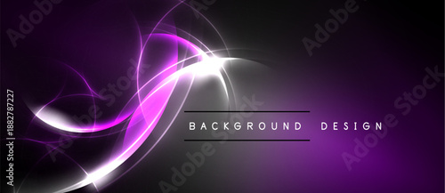 Abstract purple design features flowing light curves. Background gradients transition from dark to bright shades. Text reads background design.