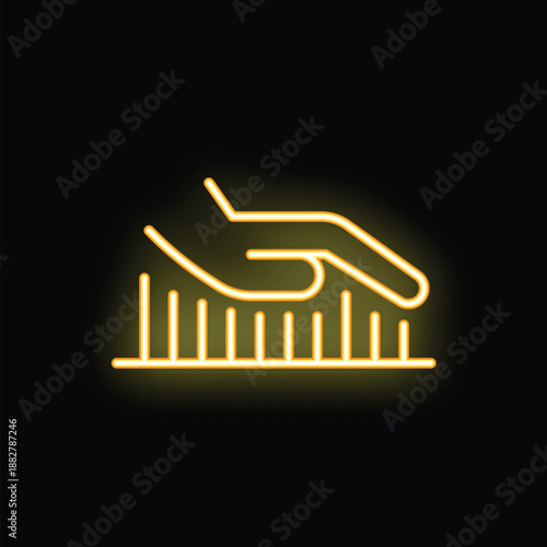 Yellow neon icon of a hand feeling the vibration of sound frequency