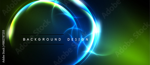 Abstract neon lights form circular shapes. Vibrant green, blue hues dominate dark background. Text reads background design.