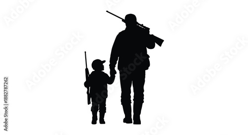 a striking black silhouette depicts a hunter with his child both holding rifles walking together against a stark white background silhouette
