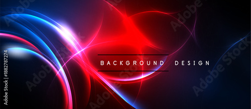 Abstract neon lights create vibrant energy. Red, blue, pink hues blend, forming dynamic curves against dark backdrop. Modern design element.
