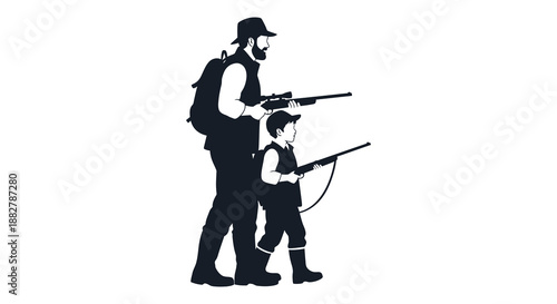 a striking depiction shows a man and a child both equipped with rifles and backpacks walking together in a powerful silhouette