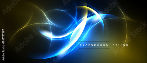 Abstract flowing lines, vibrant blue, gold hues. Dark background creates dramatic visual impact. Modern design element.