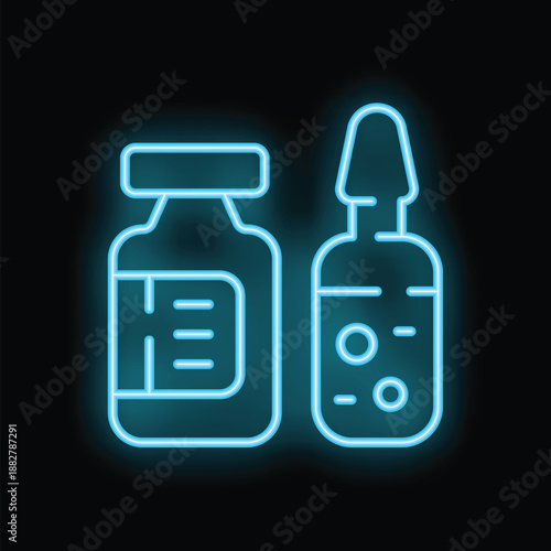 Neon blue medicine bottle and vial glowing on a black background