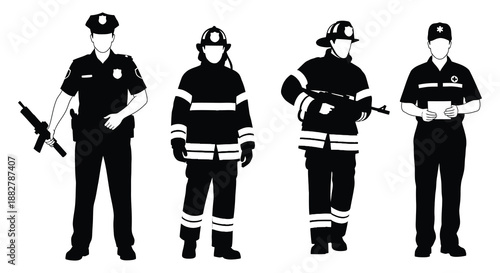 a striking monochrome illustration showcases diverse emergency personnel including police firefighters and medical staff rendered as a bold silhouette high quality