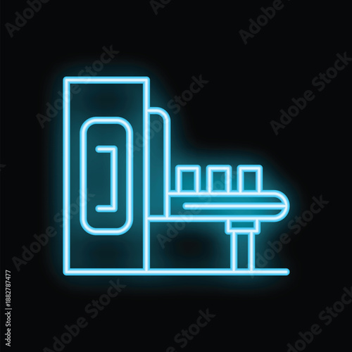 Blue neon icon of a factory machine processing, transporting, and packaging boxes on a black background