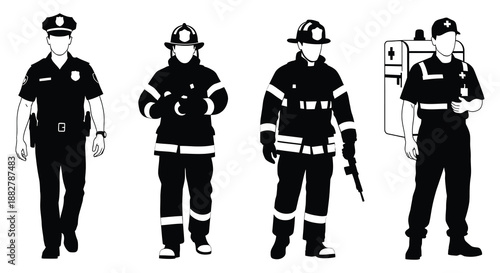 a stark black and white image depicts uniformed personnel including police firefighters and security presented as a striking silhouette high quality