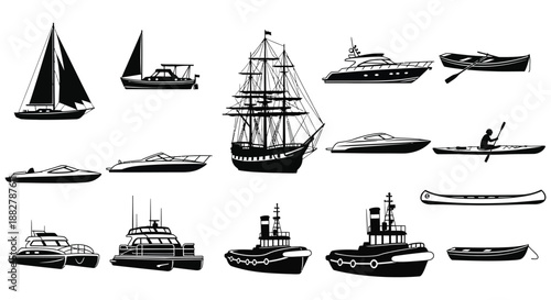 a striking monochrome illustration displaying a variety of boat types including sailboats yachts and ships presented as a sleek silhouette
