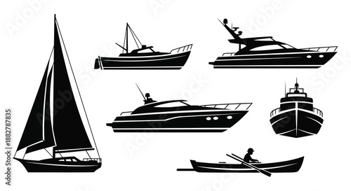 a striking black and white illustration showcases various boat designs including a sailboat and motor yachts presented as a detailed silhouette
