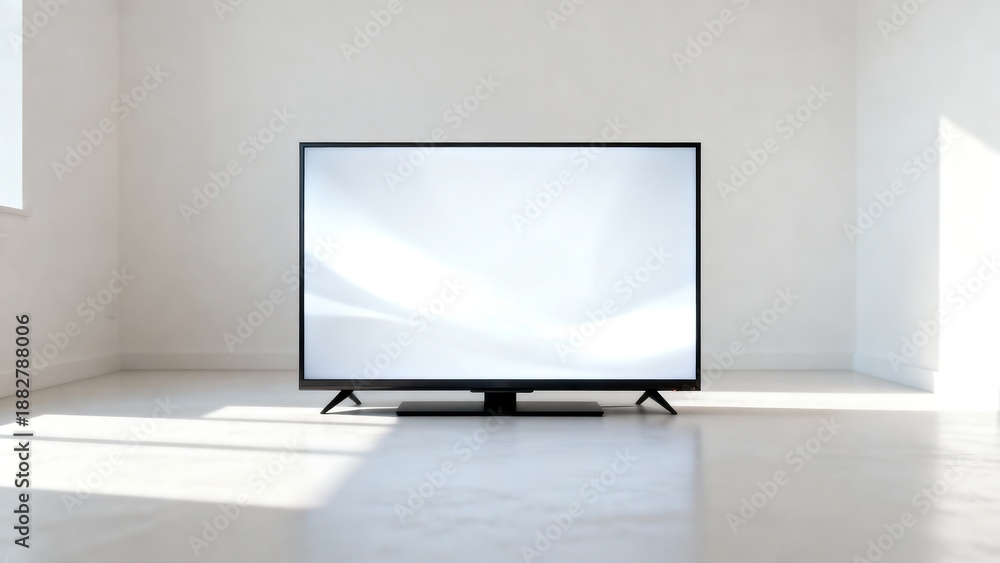 Fototapeta premium Modern flat screen television on stand in bright white empty room with sunlight.