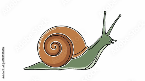 Simple cartoon illustration of a garden snail with a brown spiral shell and green body, slowly moving forward on a clean white background.