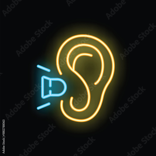 Neon icon of a sound wave entering a human ear canal, representing the concept of hearing