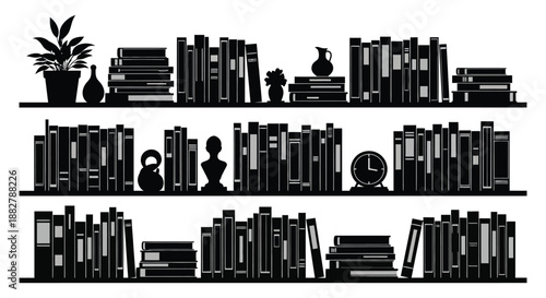 a striking black and white image depicting a shelf filled with books plants vases and decorative objects presented as a silhouette
