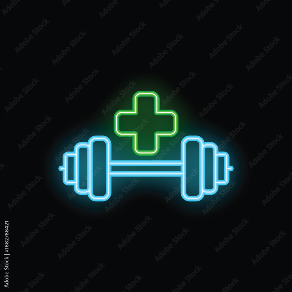 Obraz premium Neon sign representing the concept of healthy lifestyle with dumbbell and medical cross