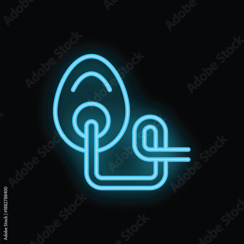 Bright blue neon medical oxygen mask glowing on a black background