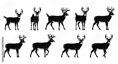 a striking collection of deer silhouettes showcasing various antler sizes and poses against a clean stark white background silhouette high quality