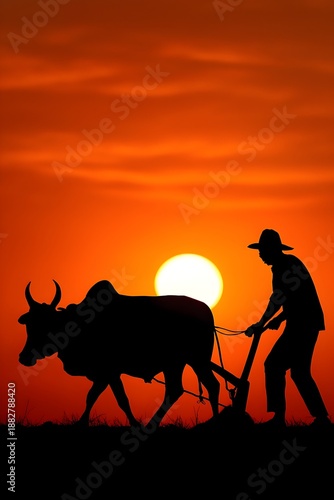A cowboy riding a horse with farm animals in a sunset desert landscape illustration