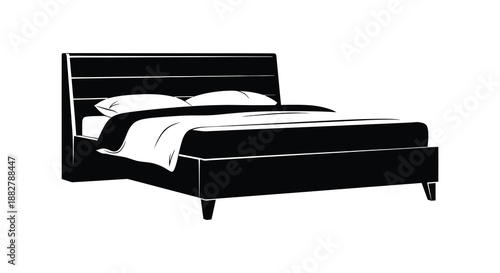 a stark black and white illustration depicts a modern bed with a high headboard and neatly arranged pillows a stylish silhouette