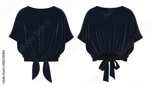 Illustrative flat sketch of a dark blue women's top showcasing a relaxed fit with wide short sleeves and distinctive adjustable front and back tie