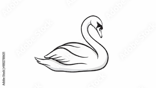 Elegant black and white line drawing of a graceful swan floating on the water, with simple lines creating a sense of calm and beauty.