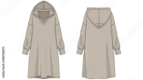 Fashion flat sketch illustrating the detailed front and back technical drawing of a contemporary, comfortable long-sleeve hooded tunic dress design