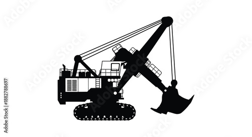 a stark black silhouette depicts a large mining excavator with treads a bucket and a prominent arm against a clean white background