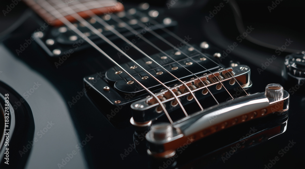 Fototapeta premium electric guitar close up with strings and control knobs on dark background 