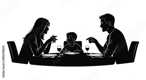 a family of four seated around a circular table enjoying a meal together with plates glasses and a warm intimate atmosphere silhouette