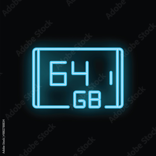 Neon blue glowing outline of a 64 gb memory card on a black background