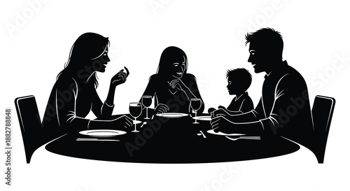 a family of four enjoys a meal together at a round table showcasing a warm and intimate dinner scene silhouette