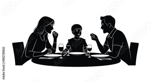 a family of three sitting around a circular table enjoying a meal together with glasses and plates silhouette high quality professional