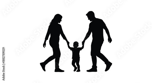 a family of three walking hand in hand depicting a parent and child enjoying a shared moment presented as a striking silhouette