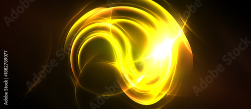 Bright yellow energy swirls, radiating light. Dynamic curves create abstract form against dark background. Intense glow dominates composition.