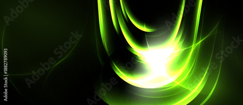 Abstract green energy flow. Bright light radiates from center, creating dynamic curves, smooth gradients. Dark background emphasizes luminosity.