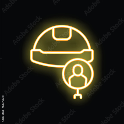 Bright yellow neon icon of a hard hat with the head and shoulders of a construction worker below it
