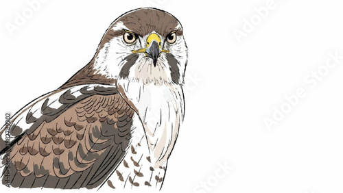 Detailed close-up illustration of a hawk or falcon looking intently forward, showcasing its sharp beak and fierce eyes on a white background.